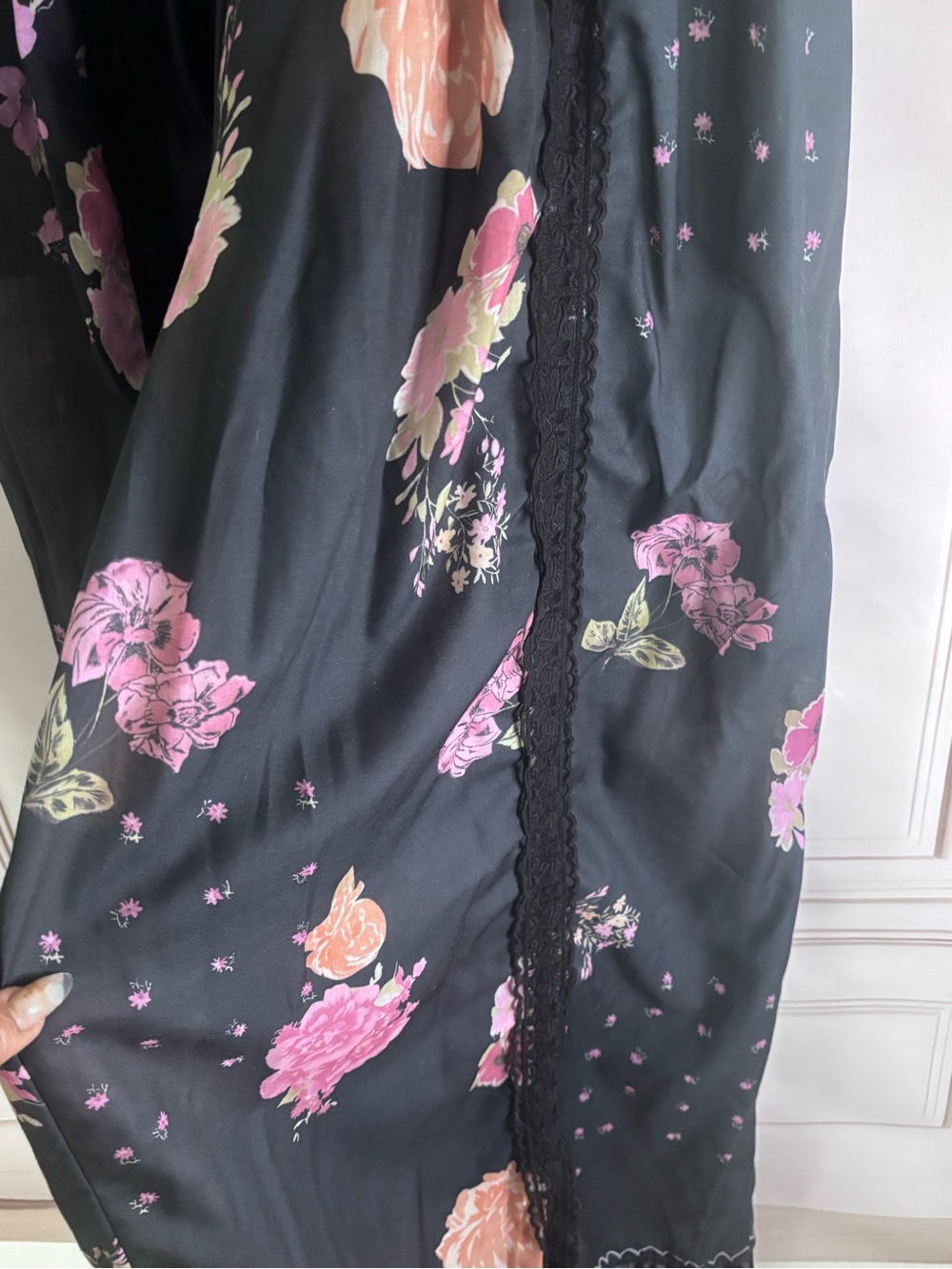 Floral Navy Pants with Pink Blooms - Picture 2 of 5